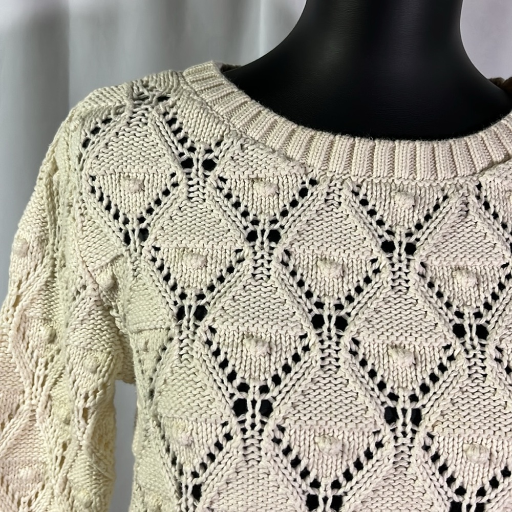 Tommy Hilfiger Cream Chunky Loose Pom Pom Knit Long Sleeve Cotton Sweater - Picture 5 of 16